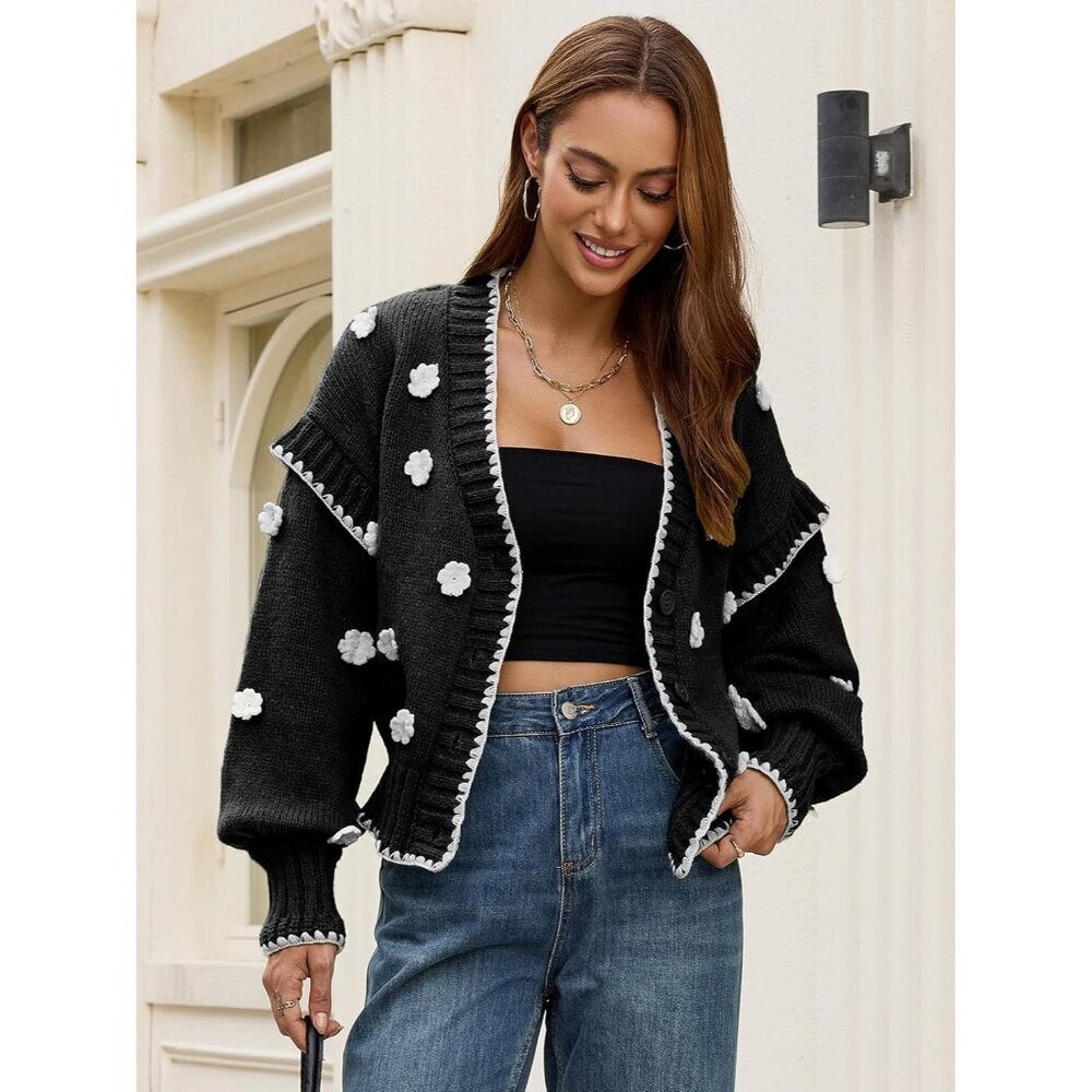 Women's Floral Cardigan Sweater Chunky Knit Drop Shoulder V Neck Button - Picture 7 of 7